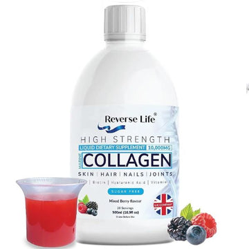 Reverse Life - High Strength Marine Collagen Liquid - Skin, Hair, Nails & Joints - 10,000mg Hydrolysed Peptide Food Supplement Drink - Hyaluronic Acid, Biotin, Vitamins C and D - Mixed Berry Flavour