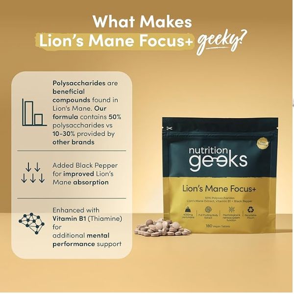 Lions Mane Supplement 4000mg with Vitamin B1 & Black Pepper, 180 Vegan Tablets - Lion's Mane Mushroom 15:1 Extract (Not Lions Mane Powder or Capsules), UK Made for Mental Performance & Nervous System