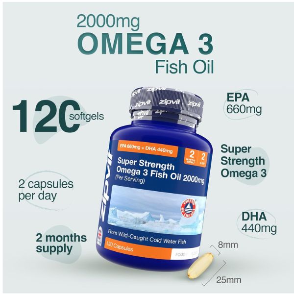 Zipvit Omega 3 Fish Oil 2000mg, EPA 660mg DHA 440mg, Wild-Caught, Cold Water Fish, Supports Heart, Brain & Vision, 120 Softgels, 2 Months Supply