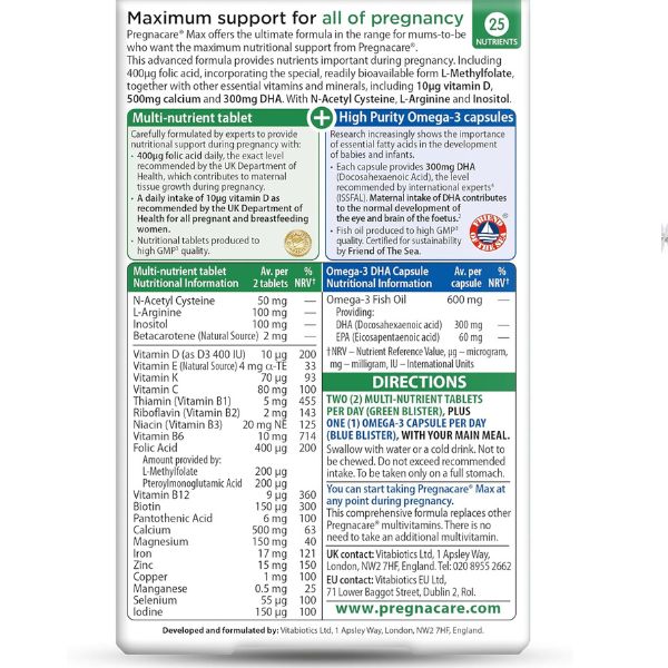 Pregnacare MAX Pregnancy Vitamins - UK's No.1 Pregnancy Brand. Greater Prenatal Care for Women, Supplement with Added Omega-3 DHA for Normal Brain and Eye Development