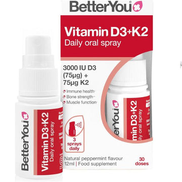 BetterYou Vitamin D3 K2 Oral Spray, Fast Acting Vitamin D 3000 IU + Vitamin K2 (MK7) Supplement, Supports Bones, Teeth, Immune System & Blood Clotting, 1-Month Supply, Natural Peppermint Flavour
