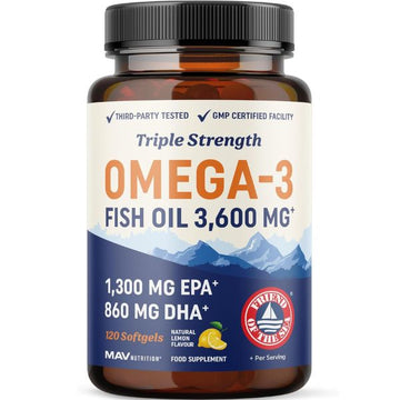 Triple Strength Omega 3 Fish Oil 3600 mg | EPA & DHA | Over 2100mg Omega-3 Fatty Acids | 1300mg EPA + 860mg DHA | Best Essential Fatty Acids | Premium Wild Caught & Burpless Fish Oil | 120 Ct